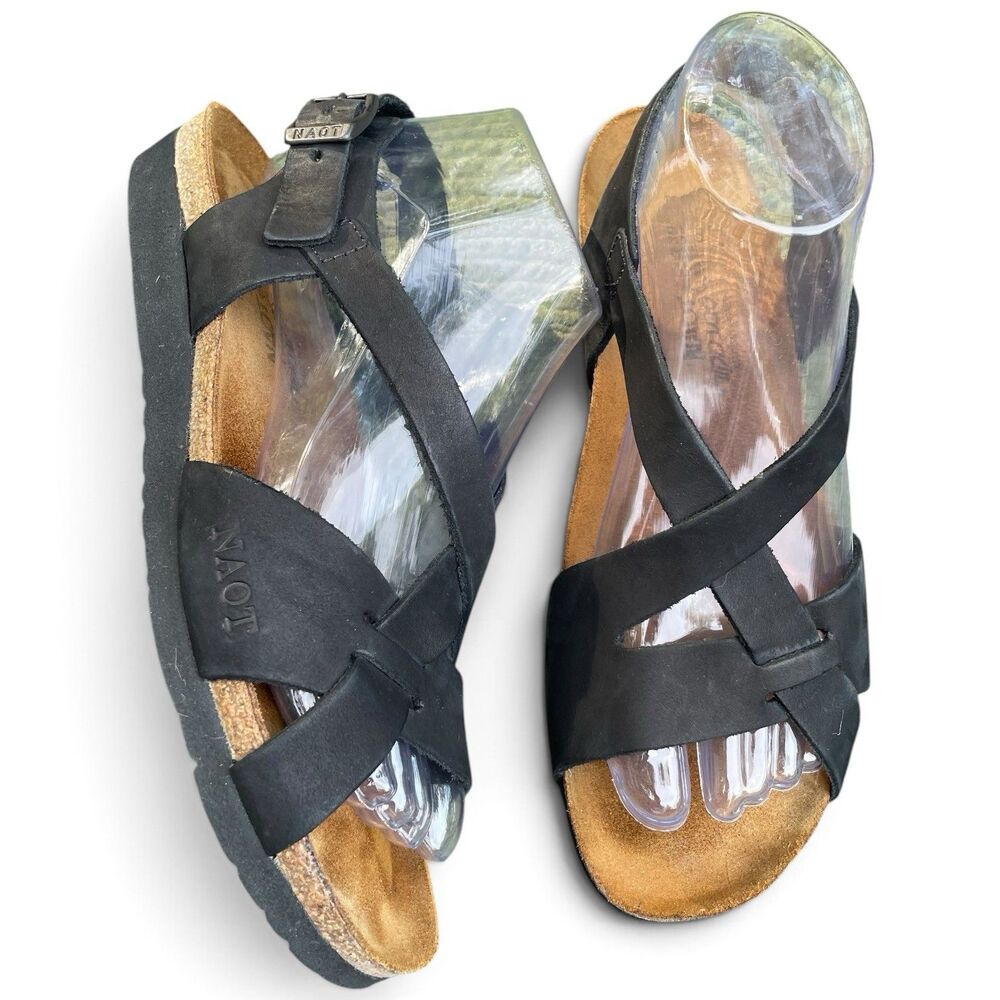 Naot Bernice Sandals EU 39 US 8 Black Nubuck Leather Cork Wedge Comfort Shoes